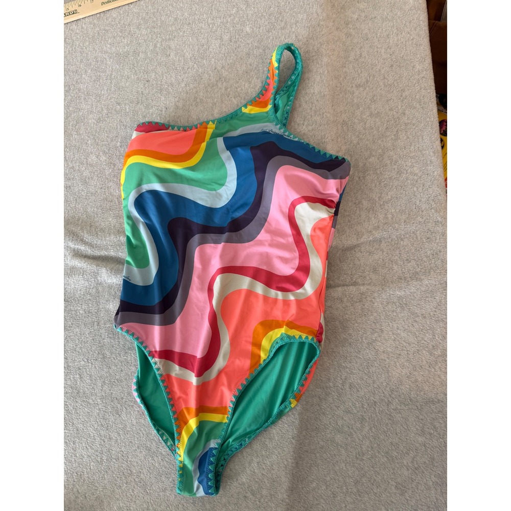 Kurt Geiger London One Shoulder Swimsuit Multicolor Wave Print Teal Trim L NWOT